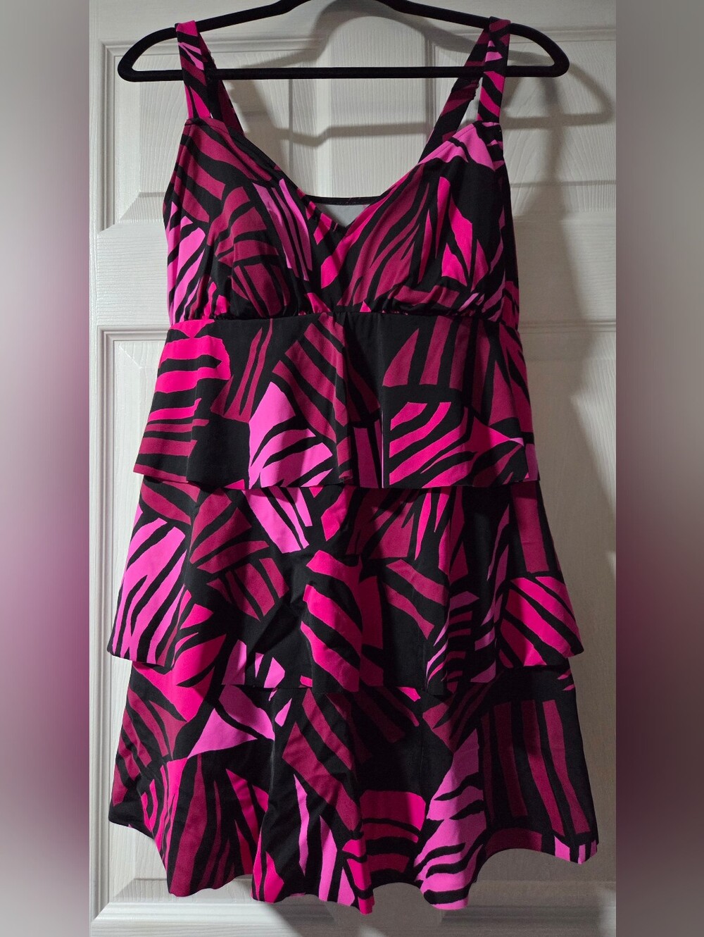 Tiered Zebra-Print One-Piece Swimdress in Hot Pink and Black